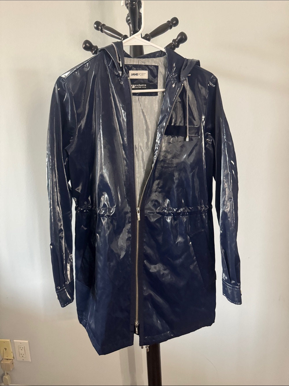 Jane Post Glossy Navy Hooded Raincoat